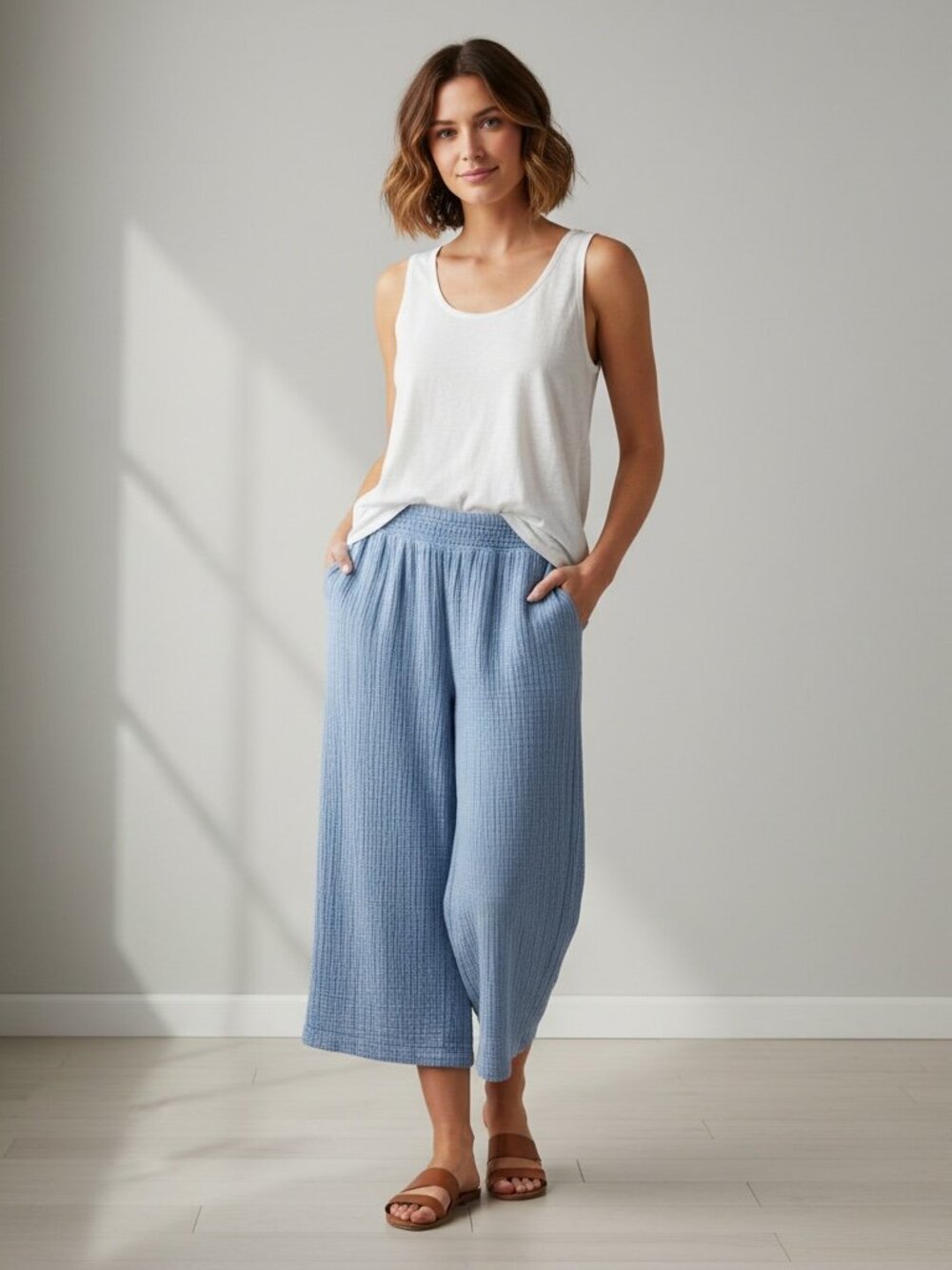 J.Jill Pure Jill Blue Cotton Gauze Wide-Leg Cropped Pants Size L